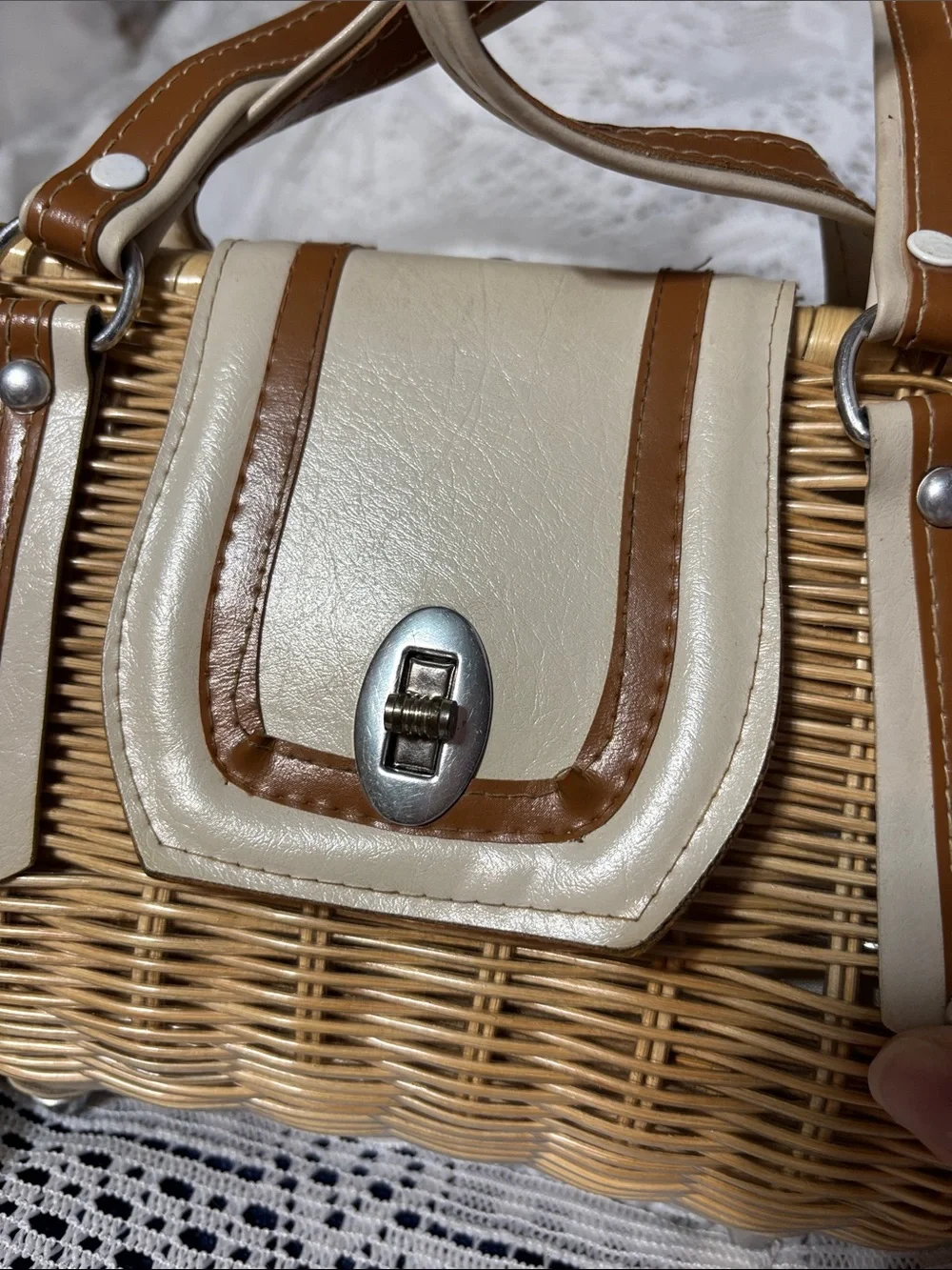 Woven Rattan Handbag with Cream & Tan Accents